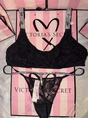 Victorias Secret Shine Strap Bra Bralette Lace Unlined Very Sexy Black Medium